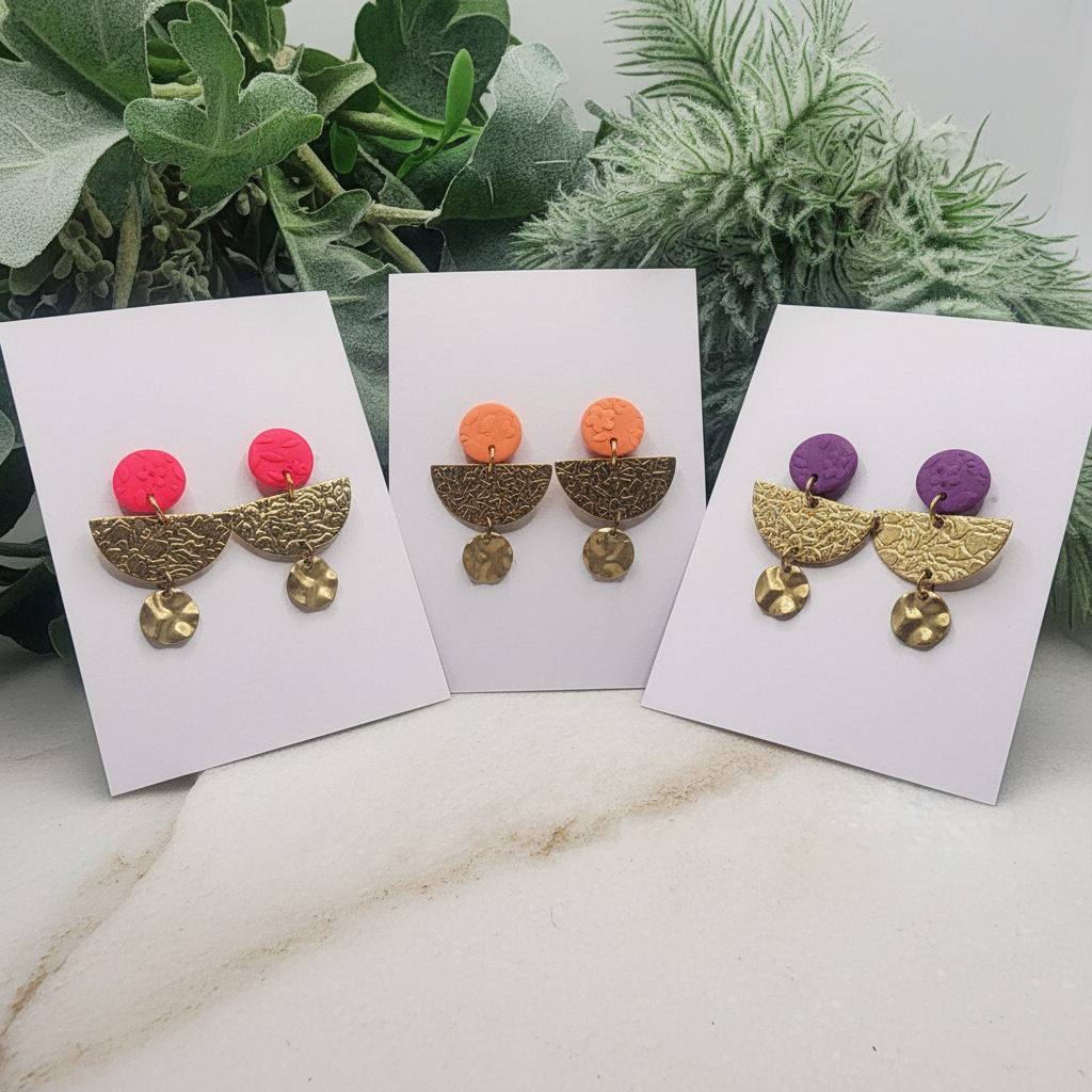  "Handmade polymer clay spot of summer dangle earrings with textured round studs, bronze half moon and disc charms - available in orange, purple and fluoro pink"