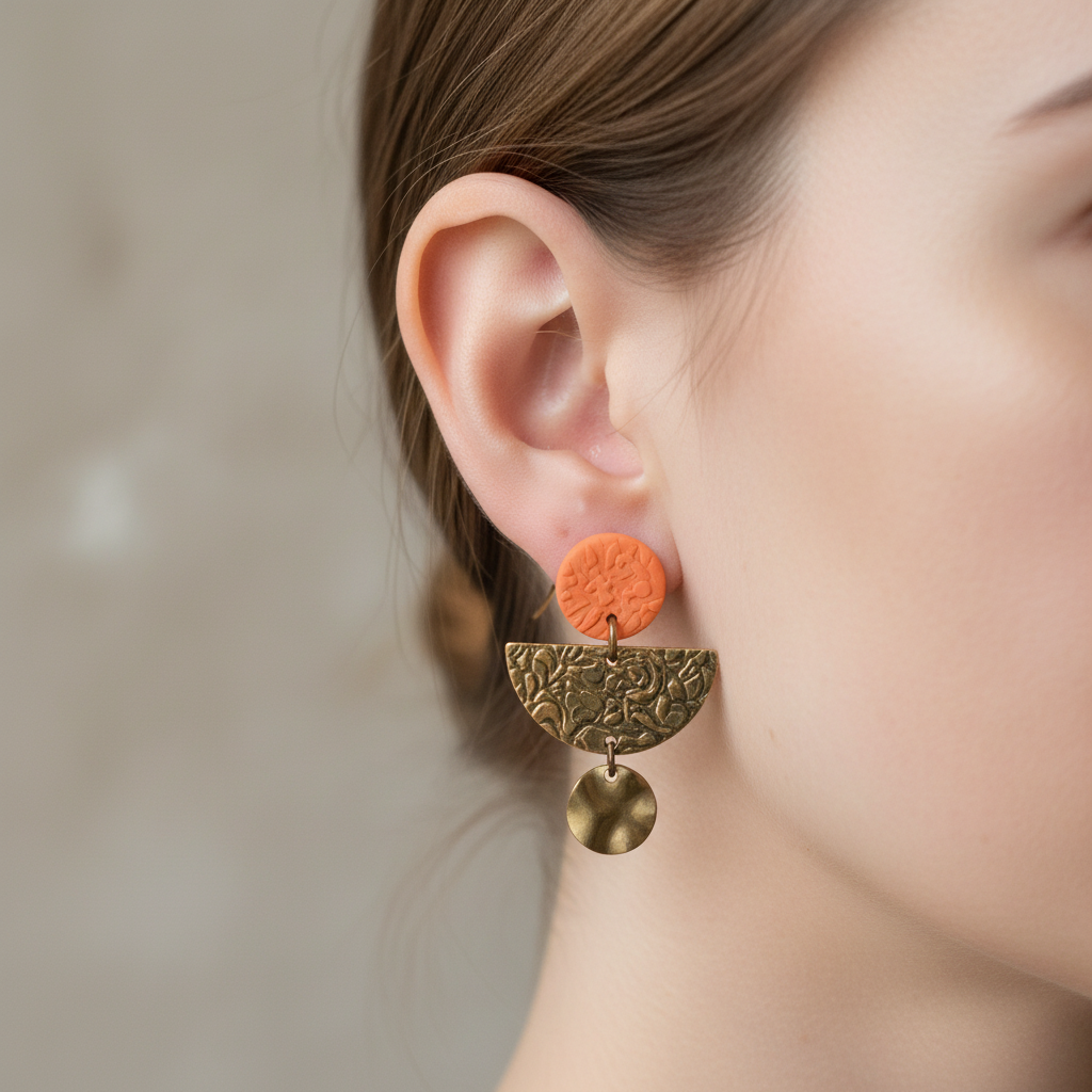  "Handmade polymer clay spot of summer dangle earrings with textured round studs, bronze half moon and disc charms - available in orange, purple and fluoro pink"