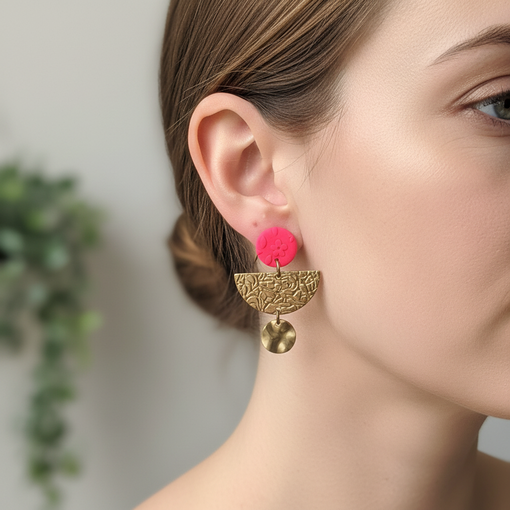  "Handmade polymer clay spot of summer dangle earrings with textured round studs, bronze half moon and disc charms - available in orange, purple and fluoro pink"