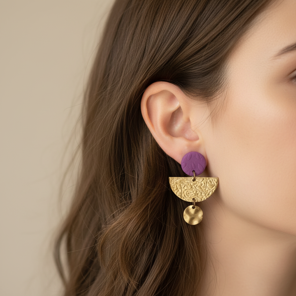  "Handmade polymer clay spot of summer dangle earrings with textured round studs, bronze half moon and disc charms - available in orange, purple and fluoro pink"