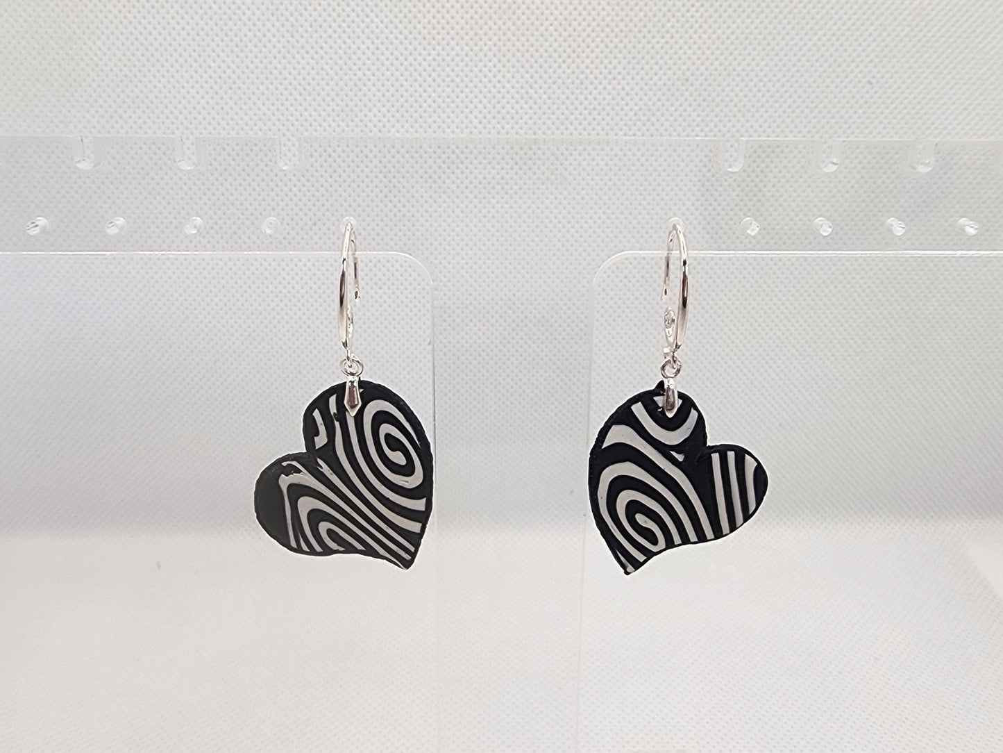 Spiral Heart Earrings Small with silver French hooks - handmade polymer clay heart earrings with black white spiral pattern
