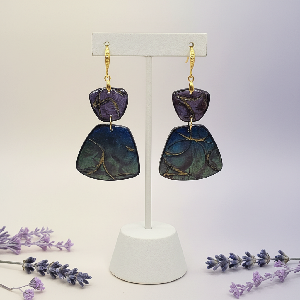 "Handmade polymer clay prism drop earrings with gold textured shepherd hook ear wires and purple/blue/green mica shimmer prism dangles"