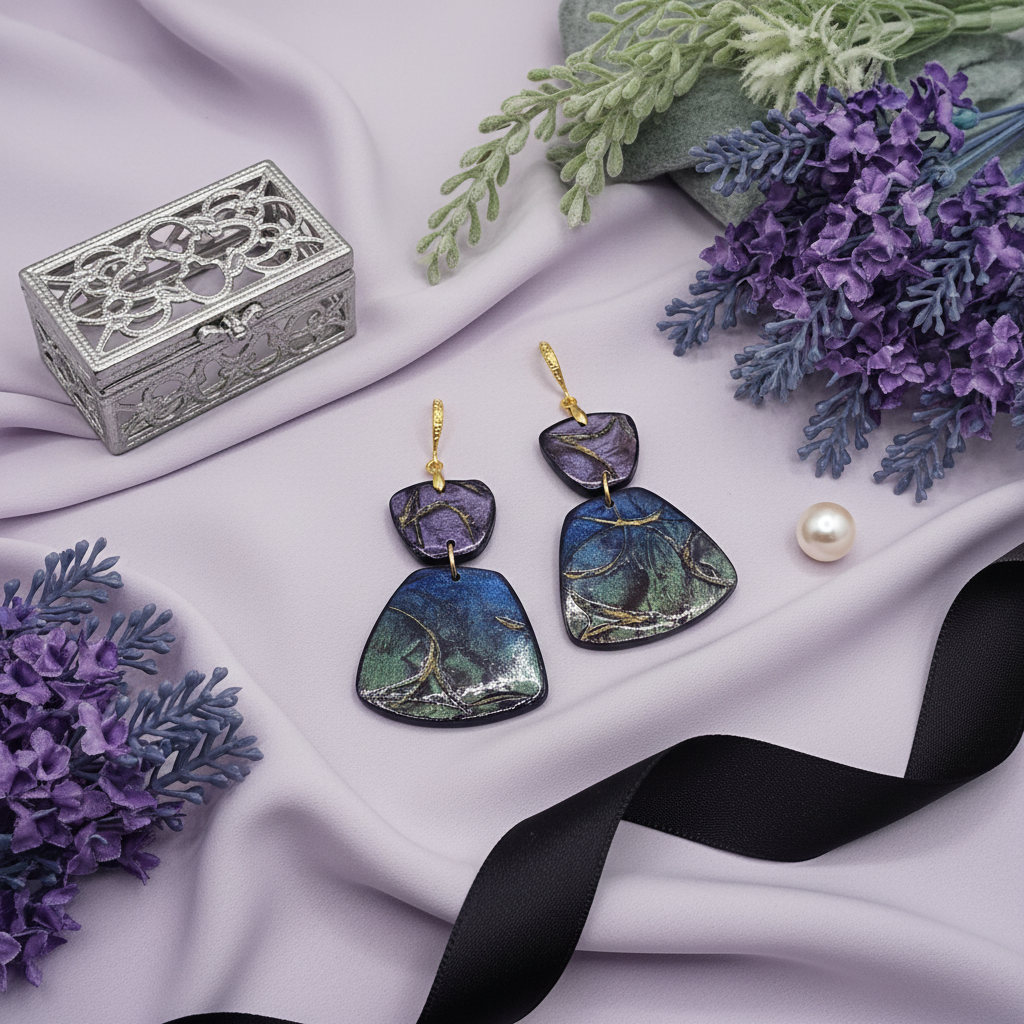 "Handmade polymer clay prism drop earrings with gold textured shepherd hook ear wires and purple/blue/green mica shimmer prism dangles"