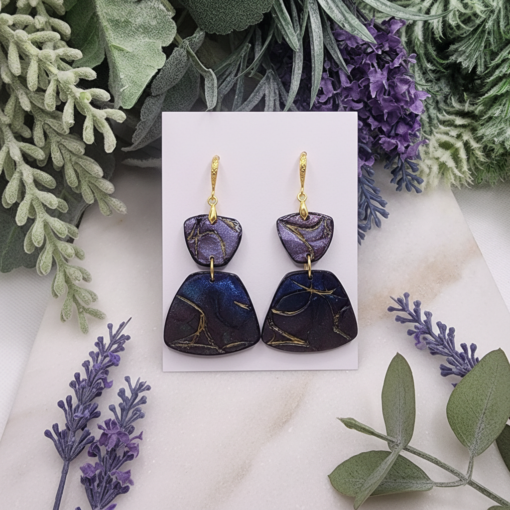 "Handmade polymer clay prism drop earrings with gold textured shepherd hook ear wires and purple/blue/green mica shimmer prism dangles"
