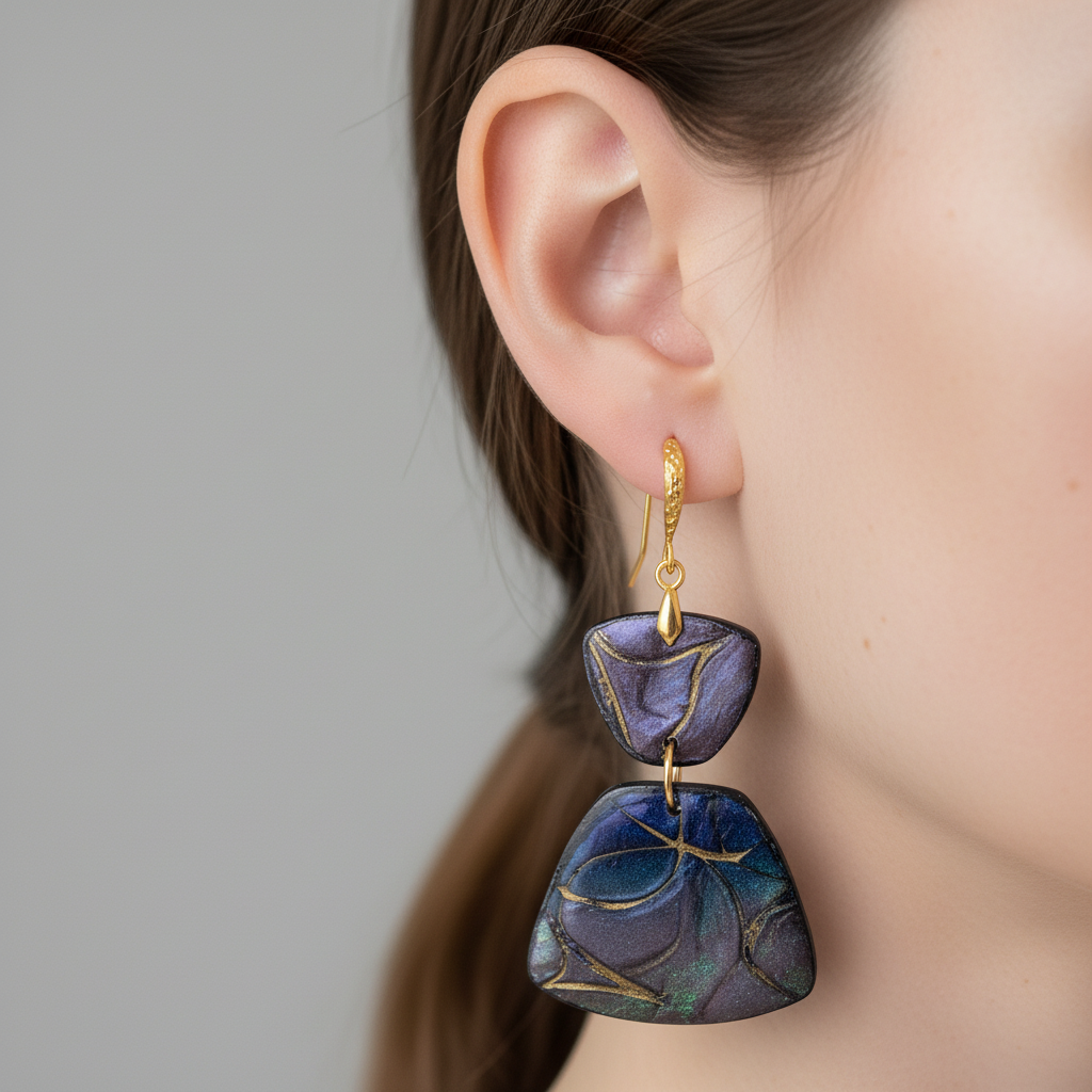 "Handmade polymer clay prism drop earrings with gold textured shepherd hook ear wires and purple/blue/green mica shimmer prism dangles"