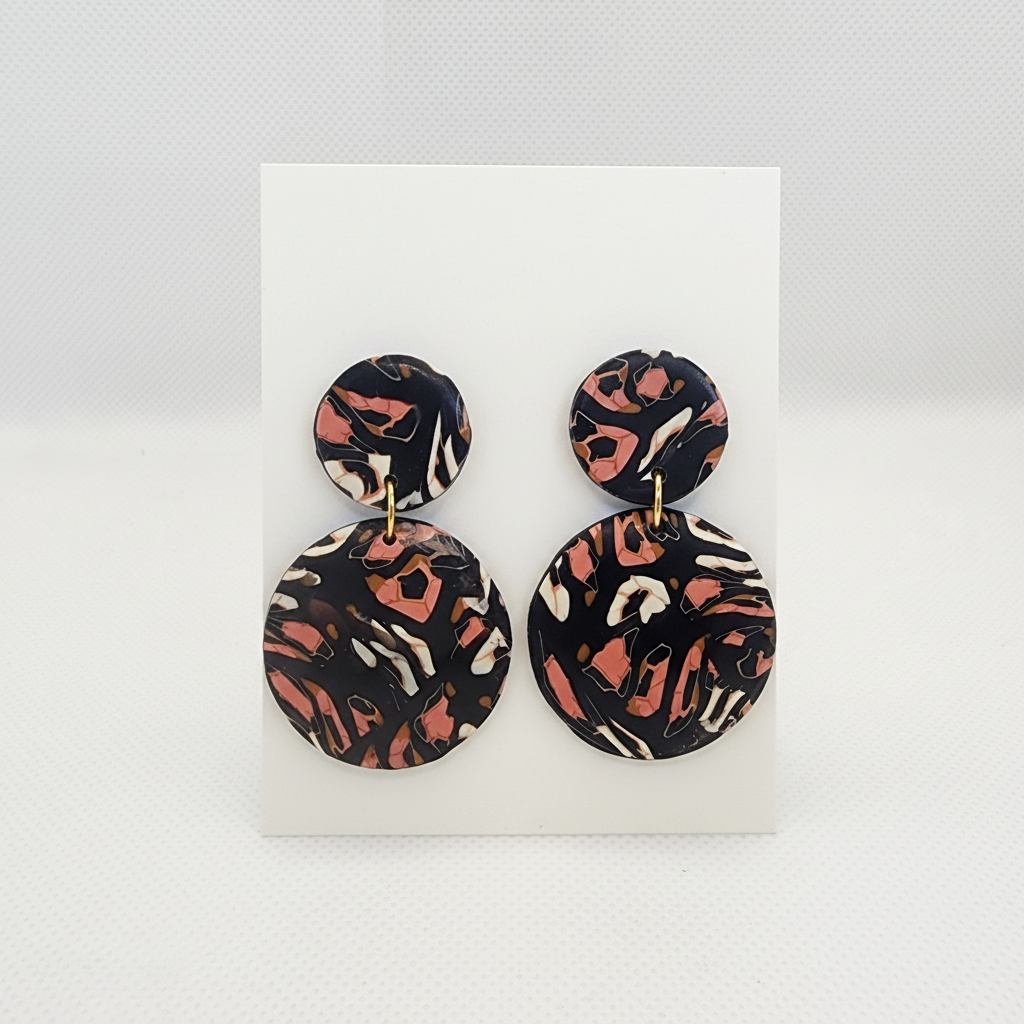Wild Nights polymer clay statement earrings with animal print pattern and domed dangles - handmade jewelry New Zealand
