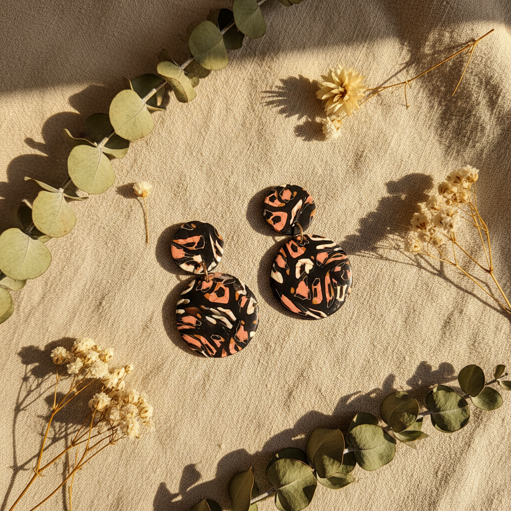 Handmade polymer clay statement earrings with leopard print pattern on natural linen - Crafty Larder jewelry
