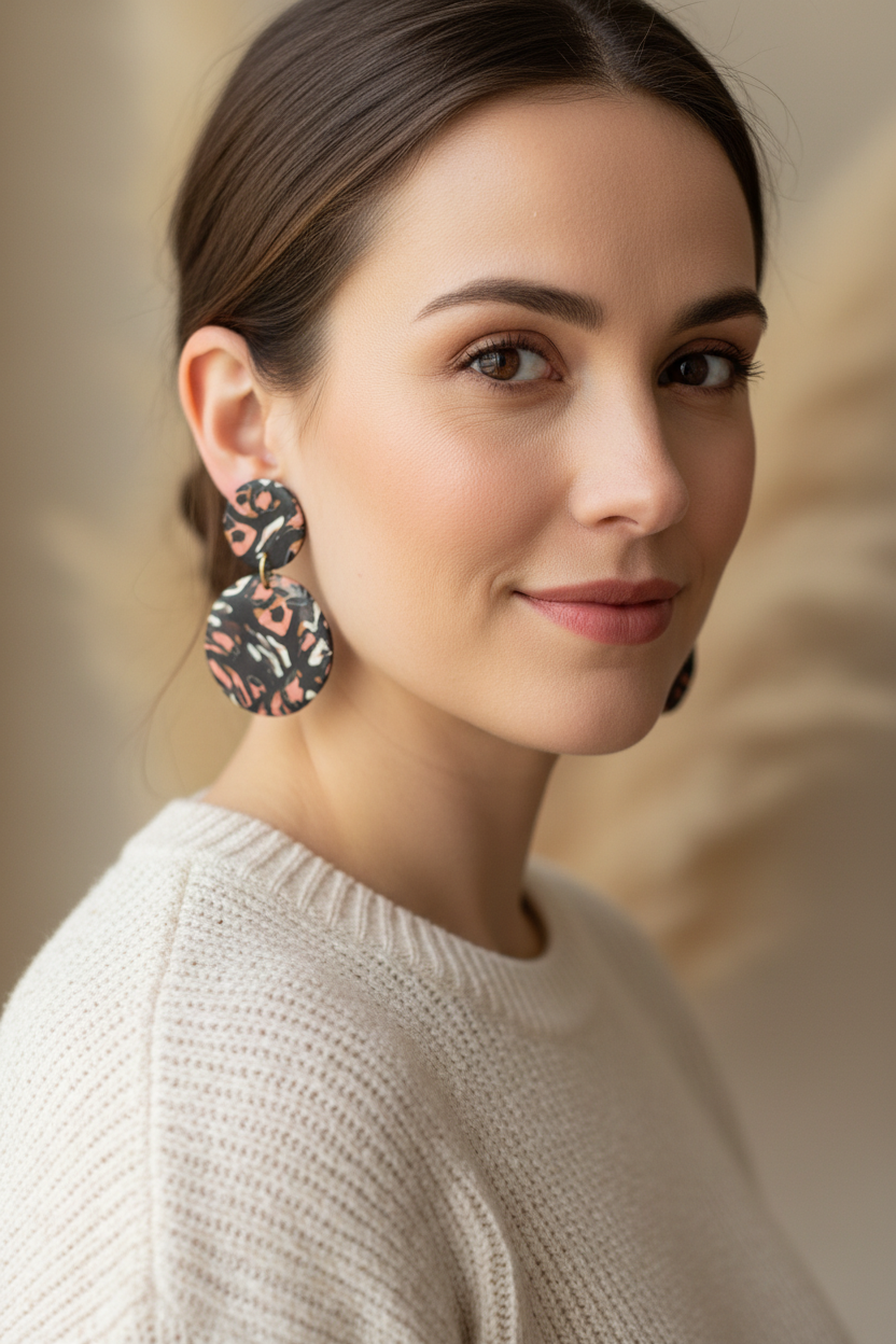 Woman wearing Wild Nights statement earrings - handmade polymer clay animal print earrings with gold details
