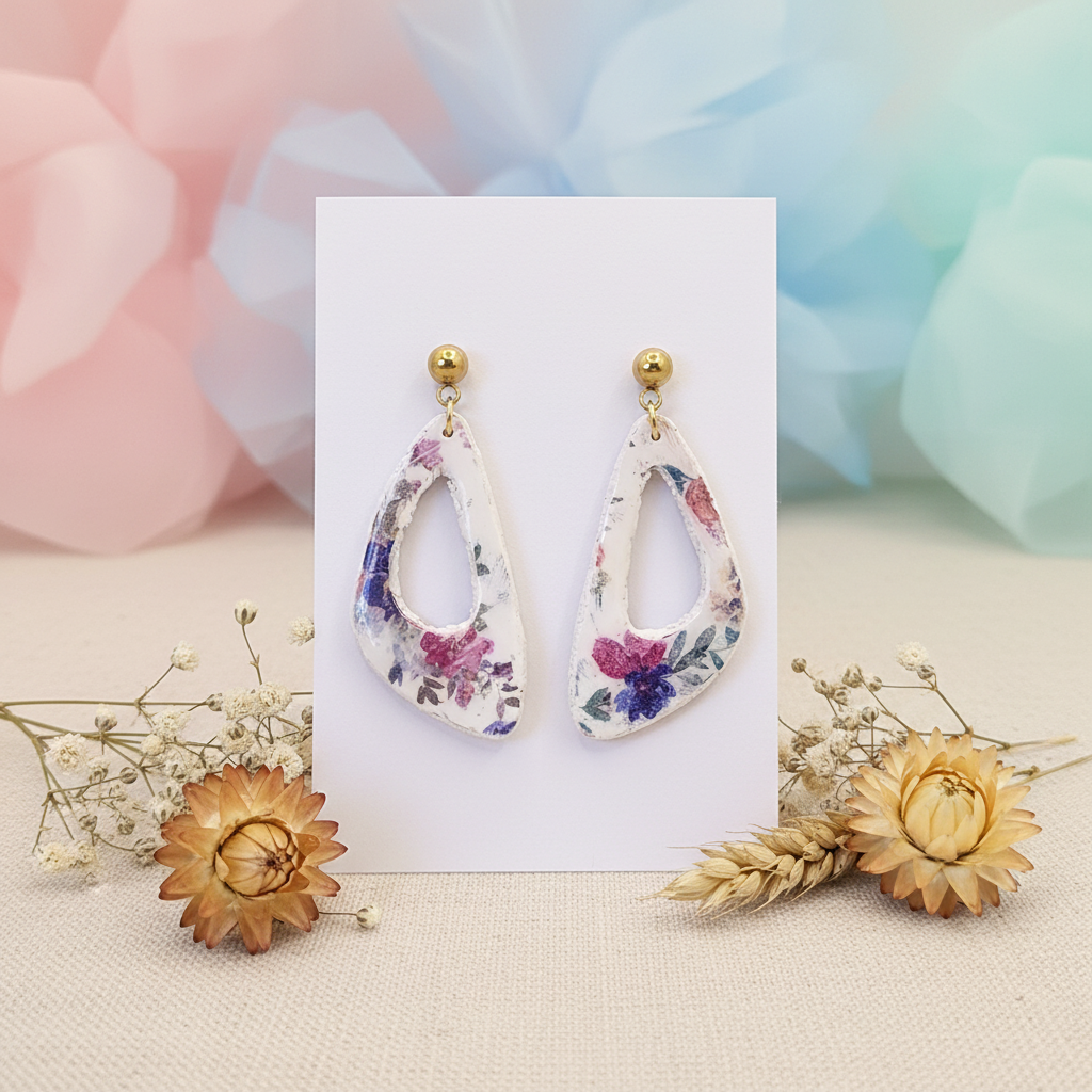 Garden Cutout Drops displayed on white card with pastel gradient background and dried flower styling
