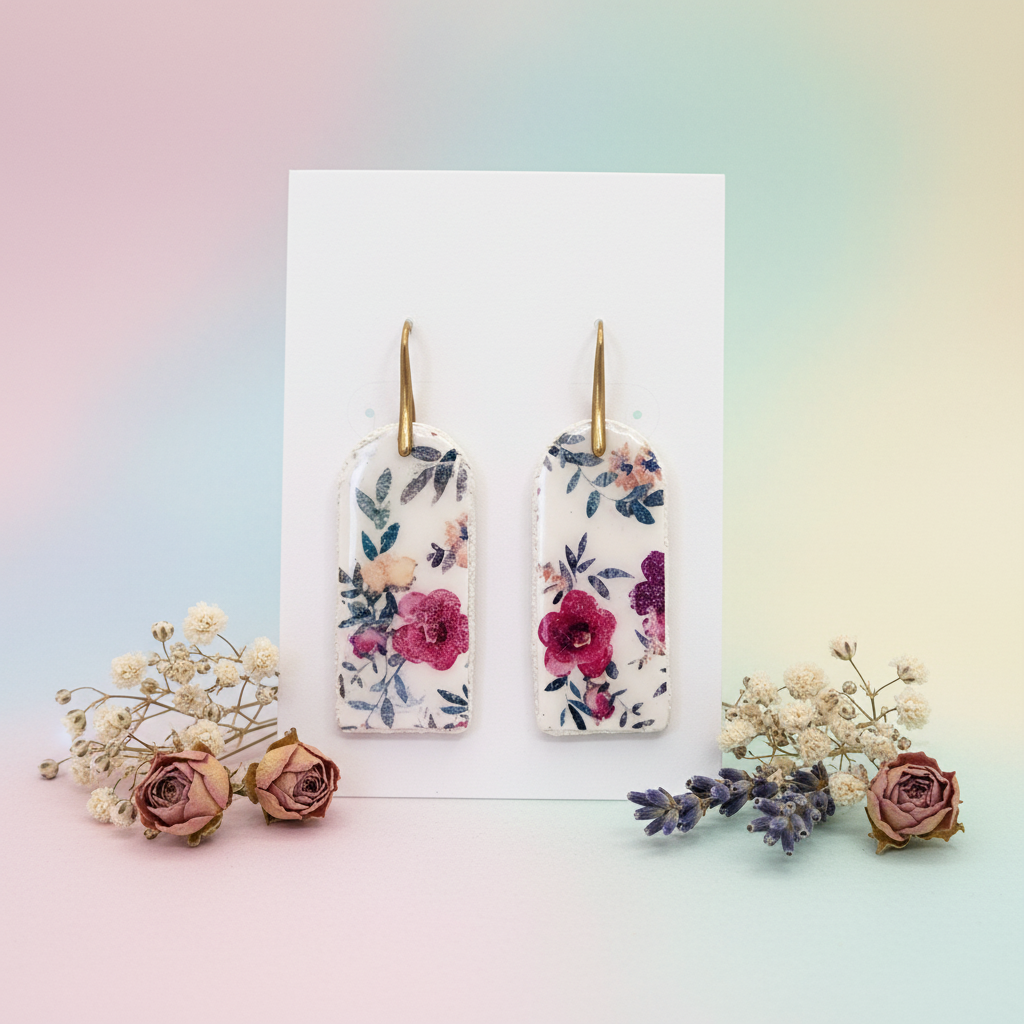 Garden Block Earrings displayed on white card with pastel gradient background and dried roses, baby's breath and lavender styling