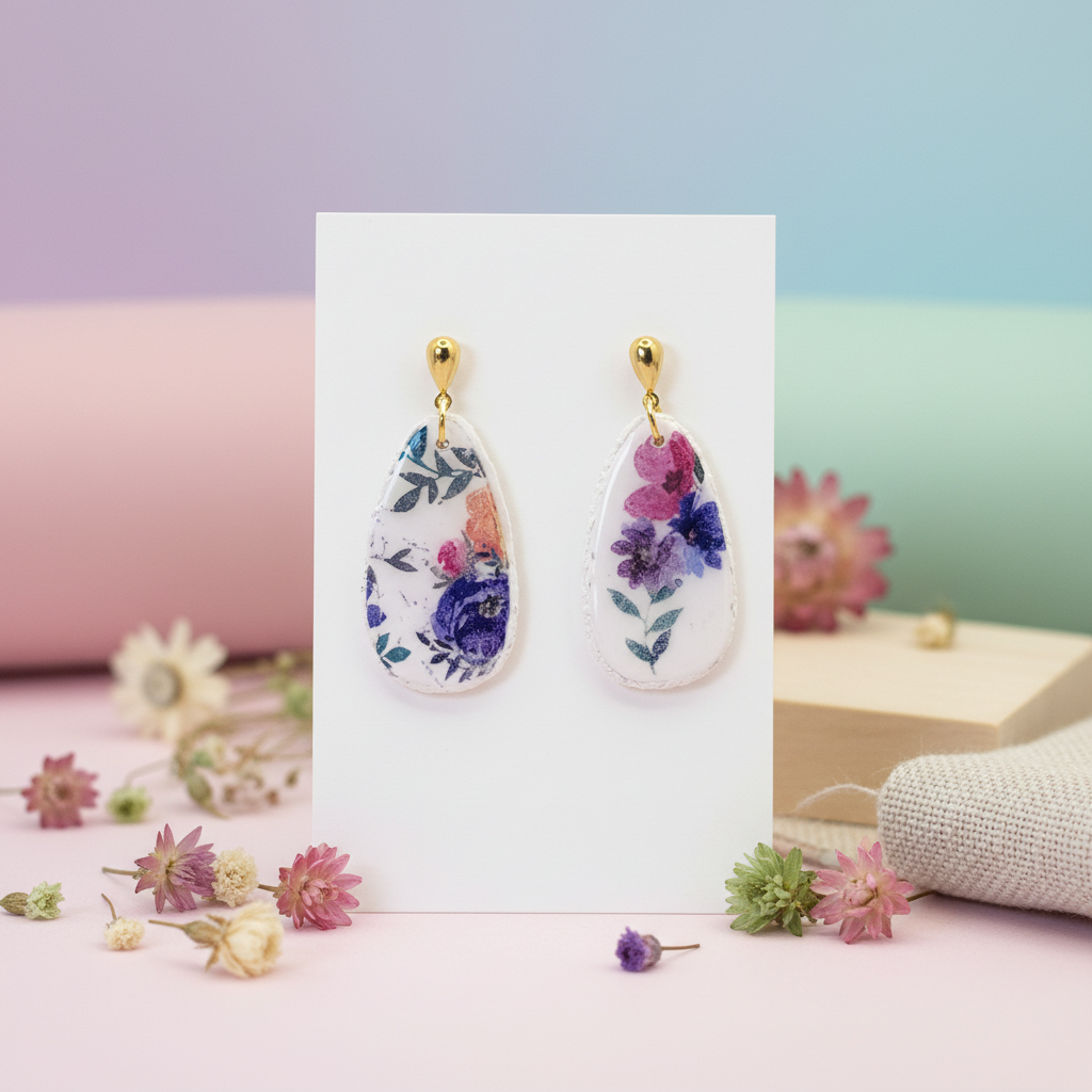 Garden Teardrop Dangles displayed on white card with pastel gradient background and dried flower styling