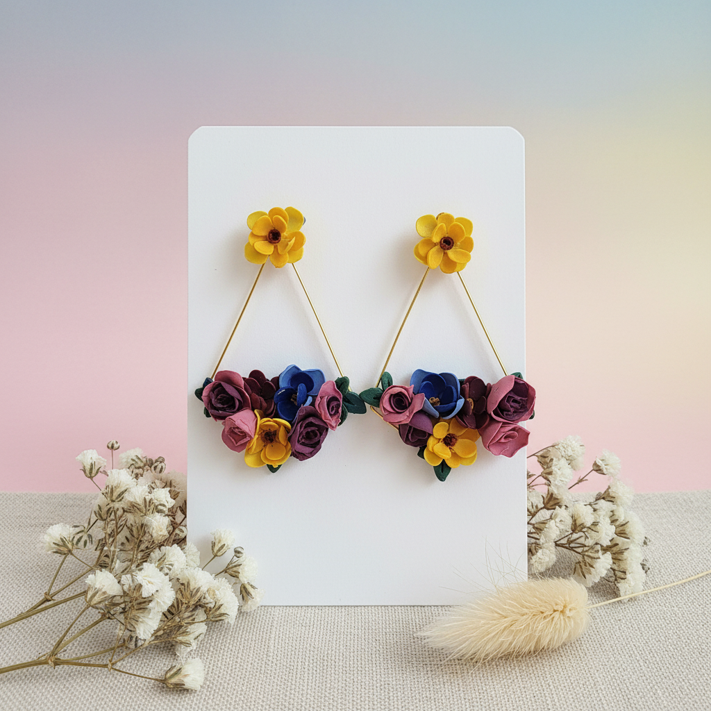 Summer Floral Triangle Dangles in yellow displayed on white card with pastel gradient background and dried flower styling