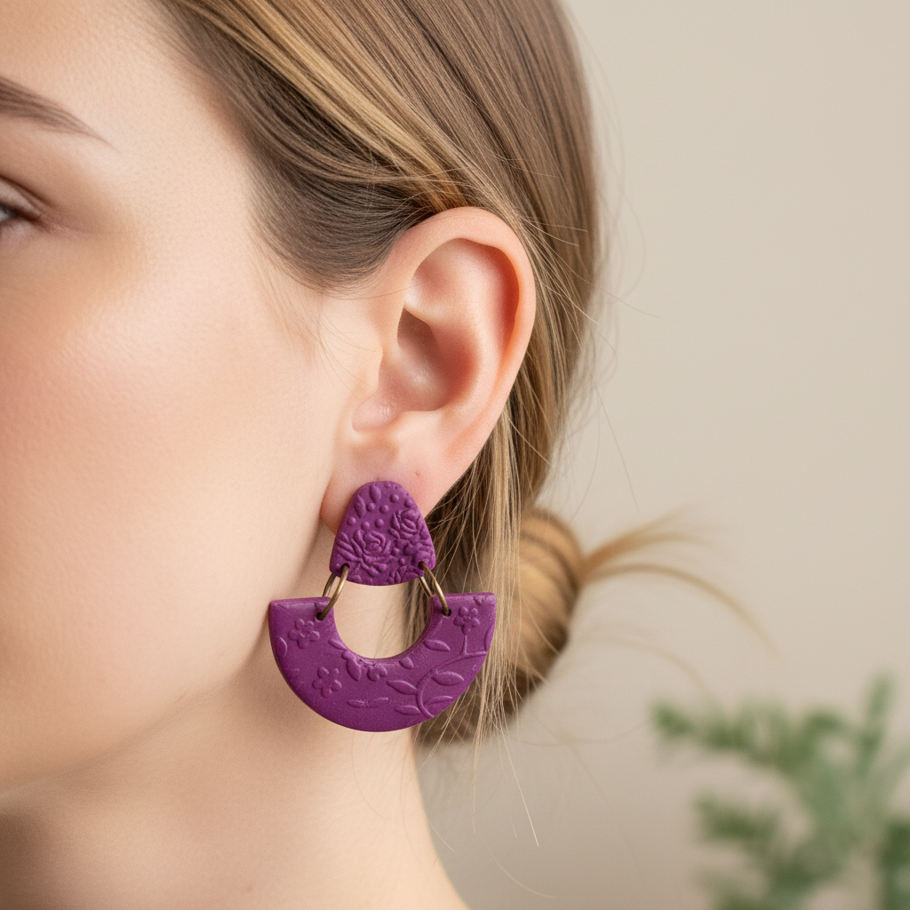 Summer Bloom Arc Dangle Earrings Purple - On Model