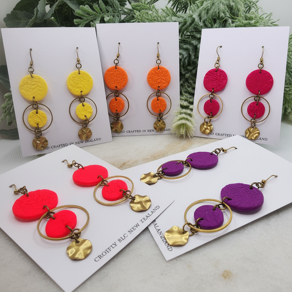  "Handmade polymer clay summer bloom embossed circle dangle earrings with large embossed circle, smaller circle in bronze ring, and hammered bronze charm - available in yellow, orange, raspberry pink, fluoro red and purple"