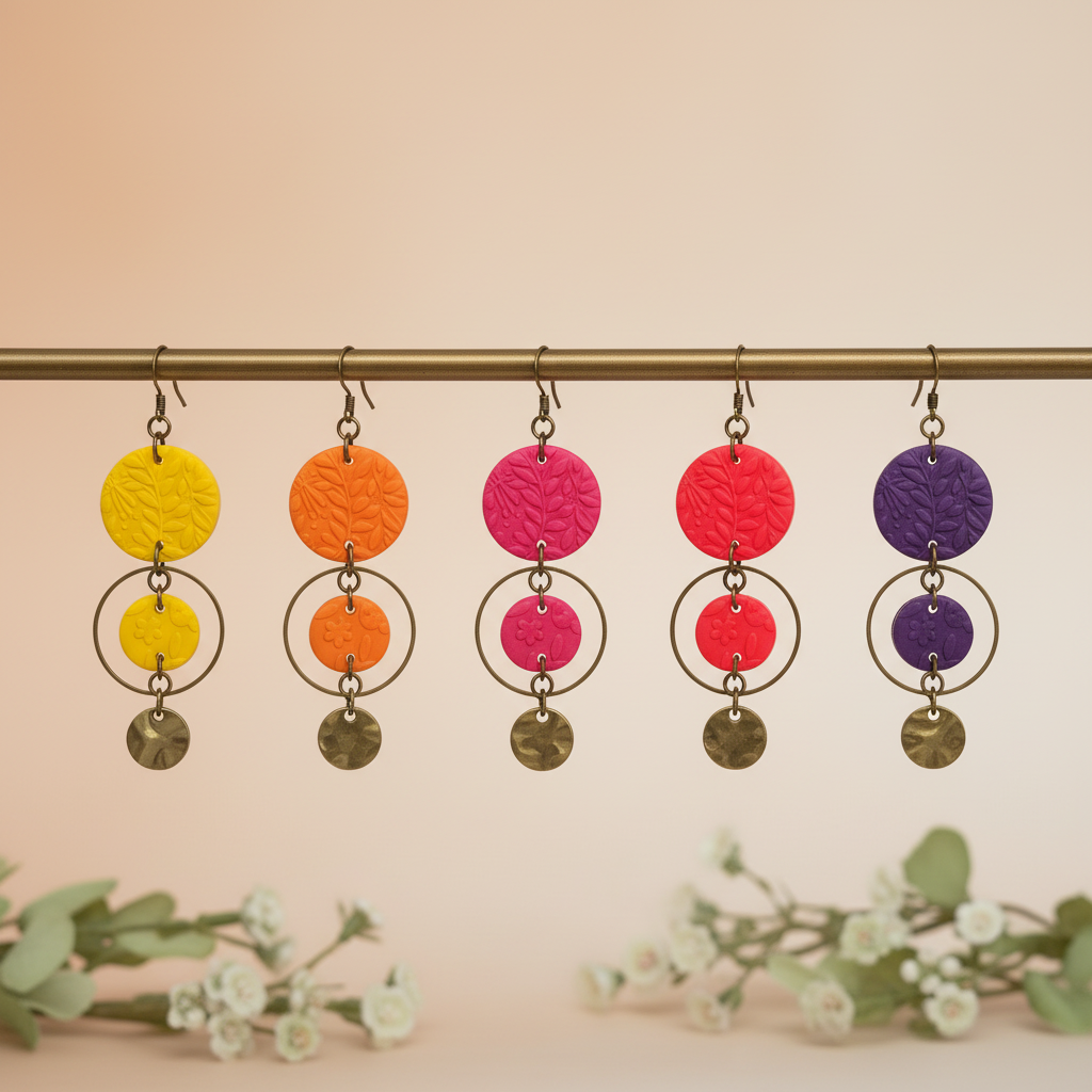  "Handmade polymer clay summer bloom embossed circle dangle earrings with large embossed circle, smaller circle in bronze ring, and hammered bronze charm - available in yellow, orange, raspberry pink, fluoro red and purple"