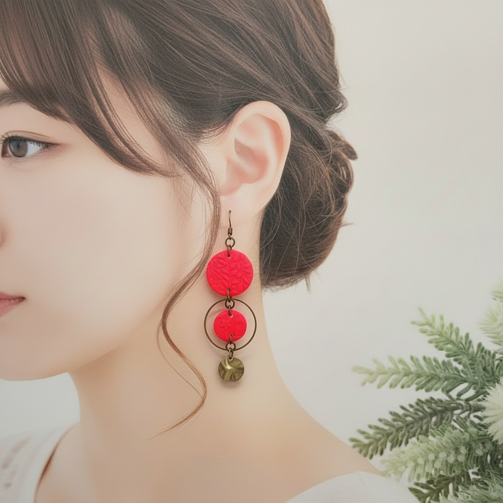  "Handmade polymer clay summer bloom embossed circle dangle earrings with large embossed circle, smaller circle in bronze ring, and hammered bronze charm - available in yellow, orange, raspberry pink, fluoro red and purple"