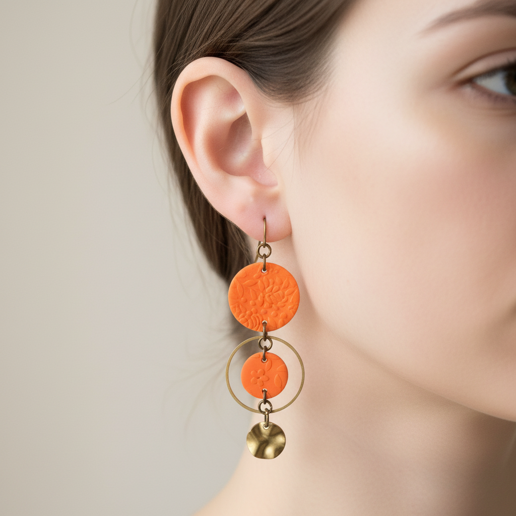  "Handmade polymer clay summer bloom embossed circle dangle earrings with large embossed circle, smaller circle in bronze ring, and hammered bronze charm - available in yellow, orange, raspberry pink, fluoro red and purple"