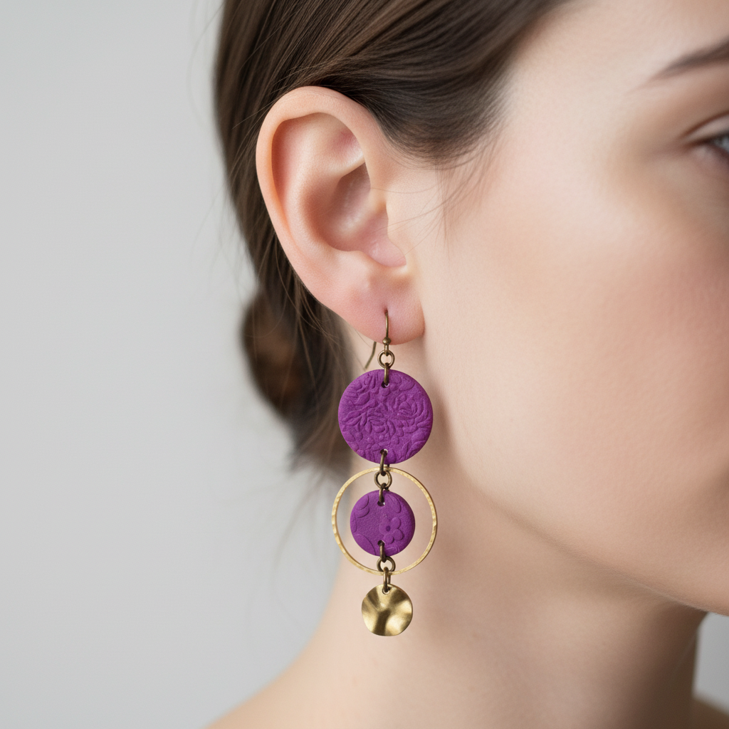  "Handmade polymer clay summer bloom embossed circle dangle earrings with large embossed circle, smaller circle in bronze ring, and hammered bronze charm - available in yellow, orange, raspberry pink, fluoro red and purple"