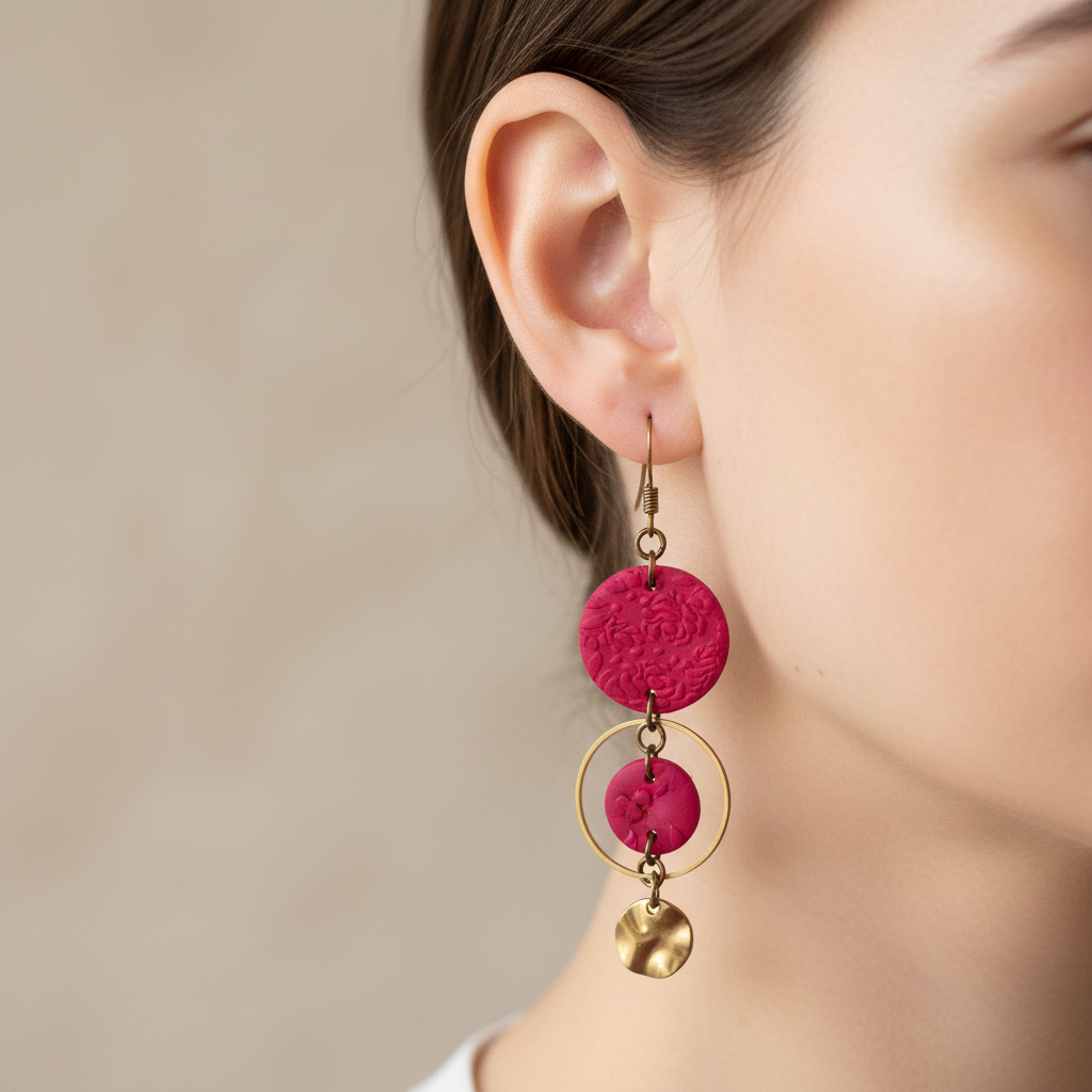"Handmade polymer clay summer bloom embossed circle dangle earrings with large embossed circle, smaller circle in bronze ring, and hammered bronze charm - available in yellow, orange, raspberry pink, fluoro red and purple"rected