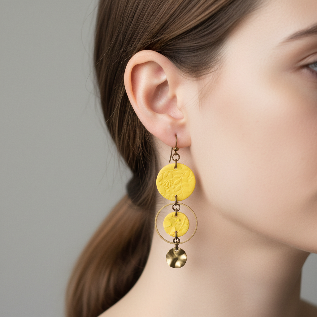  "Handmade polymer clay summer bloom embossed circle dangle earrings with large embossed circle, smaller circle in bronze ring, and hammered bronze charm - available in yellow, orange, raspberry pink, fluoro red and purple"