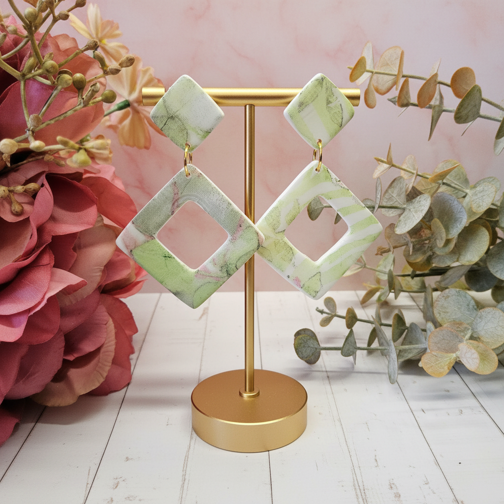 "Handmade polymer clay watercolour floral diamond cutout dangle earrings in soft pastel pink, peach, yellow, green and blue tones"