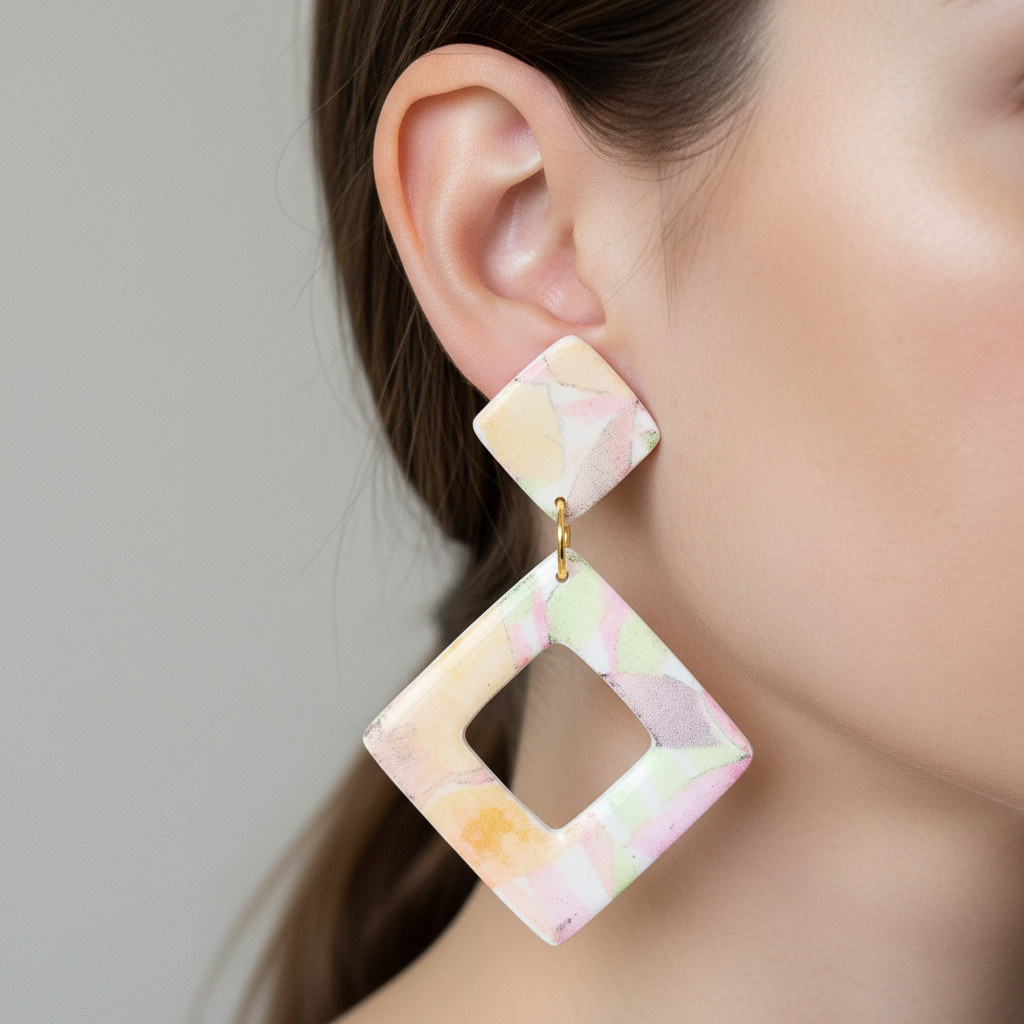 "Handmade polymer clay watercolour floral diamond cutout dangle earrings in soft pastel pink, peach, yellow, green and blue tones"