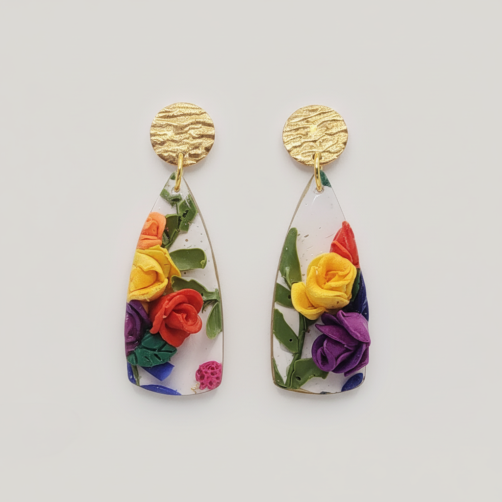 "Handmade polymer clay dangle earrings with gold brass studs and colorful 3D rose flowers on white teardrop pendants"
