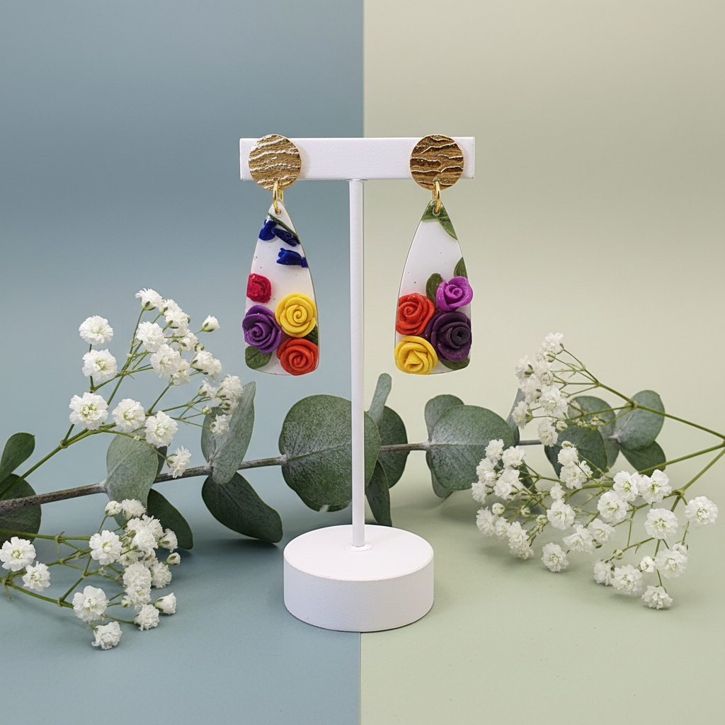 "Handmade polymer clay dangle earrings with gold brass studs and colorful 3D rose flowers on white teardrop pendants"