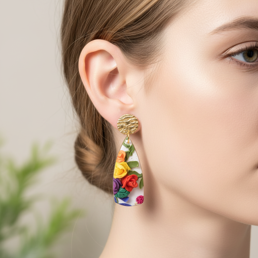 "Handmade polymer clay dangle earrings with gold brass studs and colorful 3D rose flowers on white teardrop pendants"