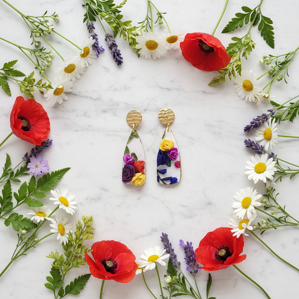 "Handmade polymer clay dangle earrings with gold brass studs and colorful 3D rose flowers on white teardrop pendants"
