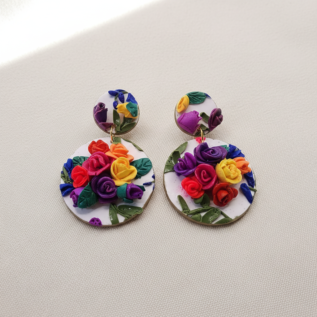  "Handmade polymer clay summer rose garden stud dangle earrings with white circles decorated with abundant colorful 3D roses and green leaves in purple, yellow, red, orange and blue"