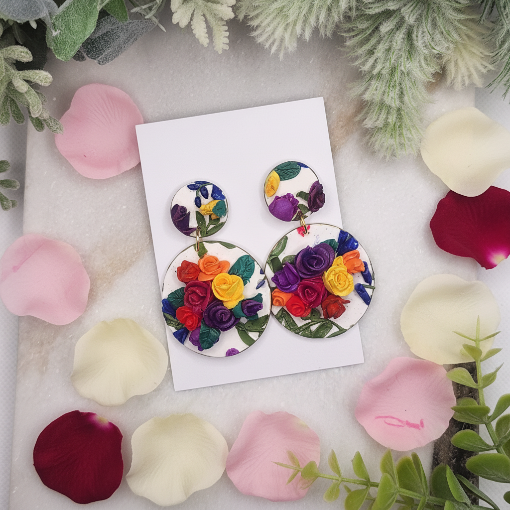  "Handmade polymer clay summer rose garden stud dangle earrings with white circles decorated with abundant colorful 3D roses and green leaves in purple, yellow, red, orange and blue"