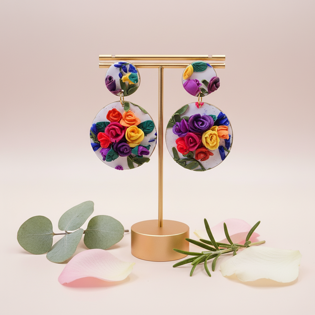  "Handmade polymer clay summer rose garden stud dangle earrings with white circles decorated with abundant colorful 3D roses and green leaves in purple, yellow, red, orange and blue"