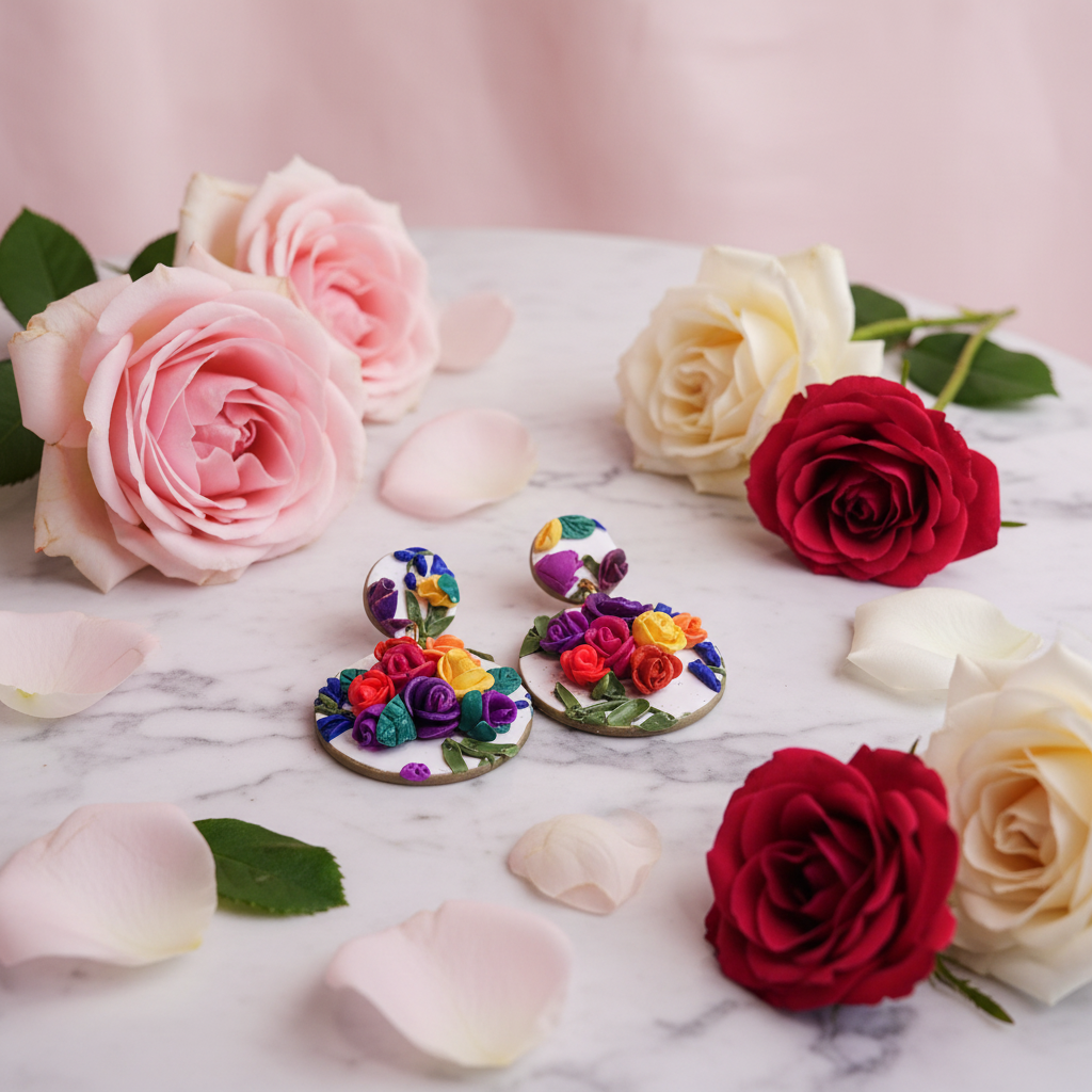  "Handmade polymer clay summer rose garden stud dangle earrings with white circles decorated with abundant colorful 3D roses and green leaves in purple, yellow, red, orange and blue"
