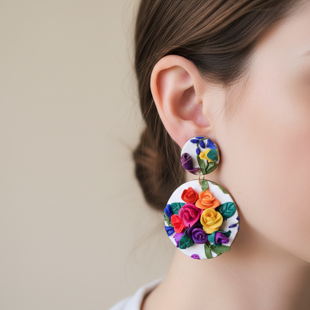  "Handmade polymer clay summer rose garden stud dangle earrings with white circles decorated with abundant colorful 3D roses and green leaves in purple, yellow, red, orange and blue"