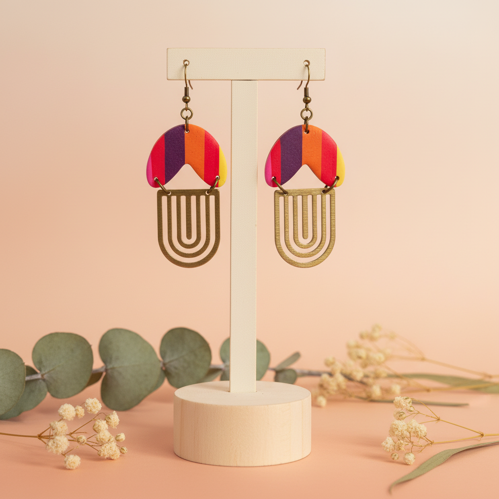 "Handmade polymer clay summer stripe arch dangle earrings with purple orange red pink yellow stripes and gold U-shaped layered charms"