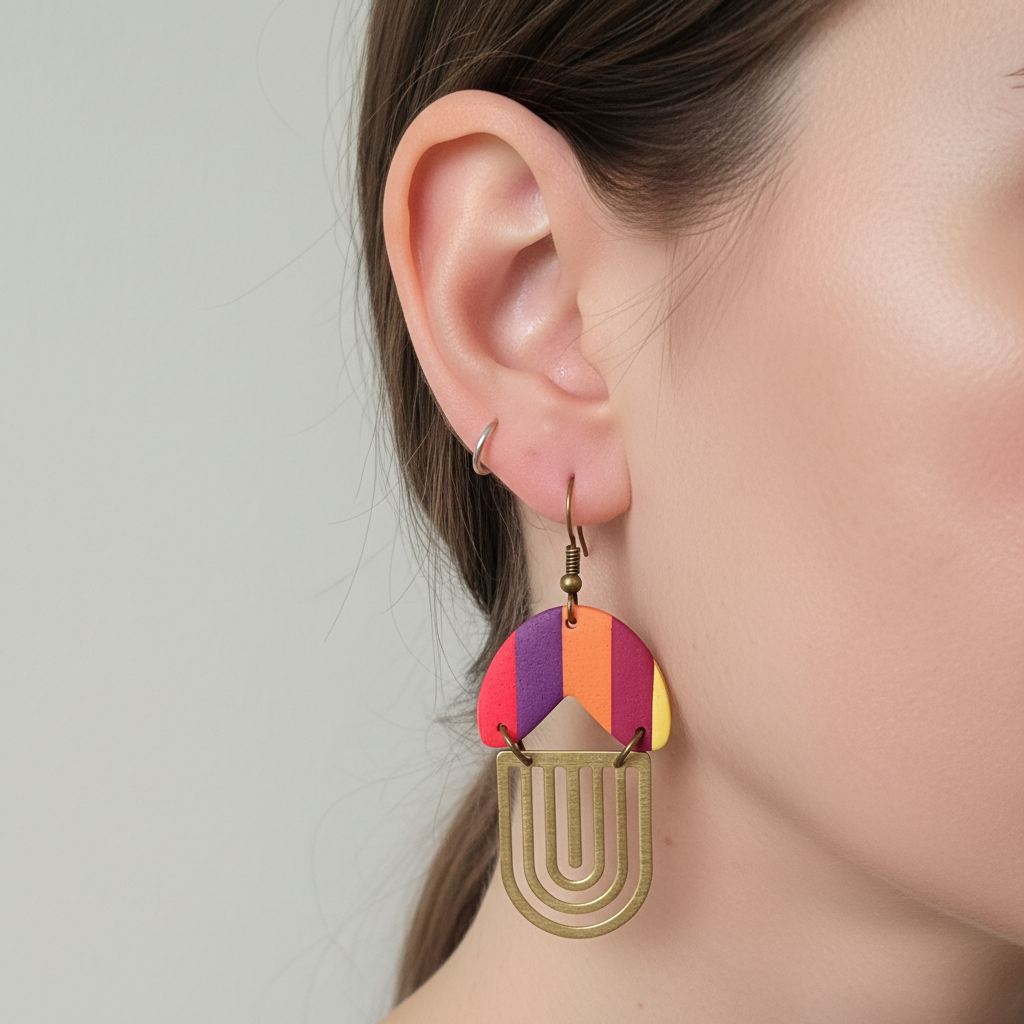 "Handmade polymer clay summer stripe arch dangle earrings with purple orange red pink yellow stripes and gold U-shaped layered charms"