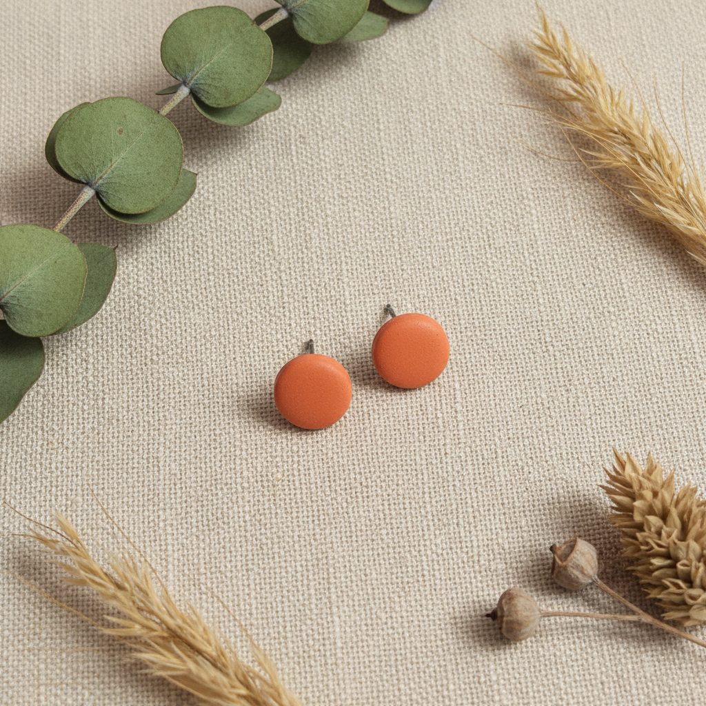  "Handmade polymer clay sunrise orange stud earrings in vibrant coral matte finish"