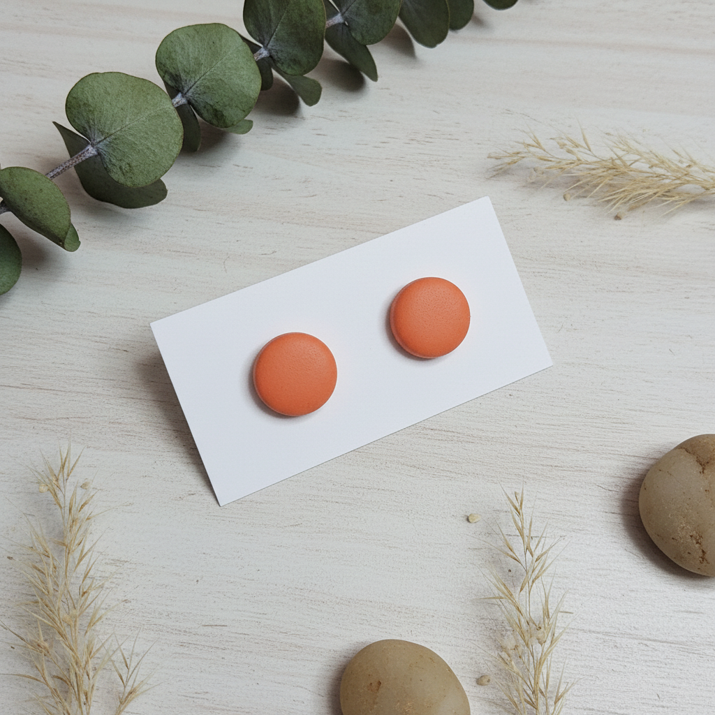  "Handmade polymer clay sunrise orange stud earrings in vibrant coral matte finish"