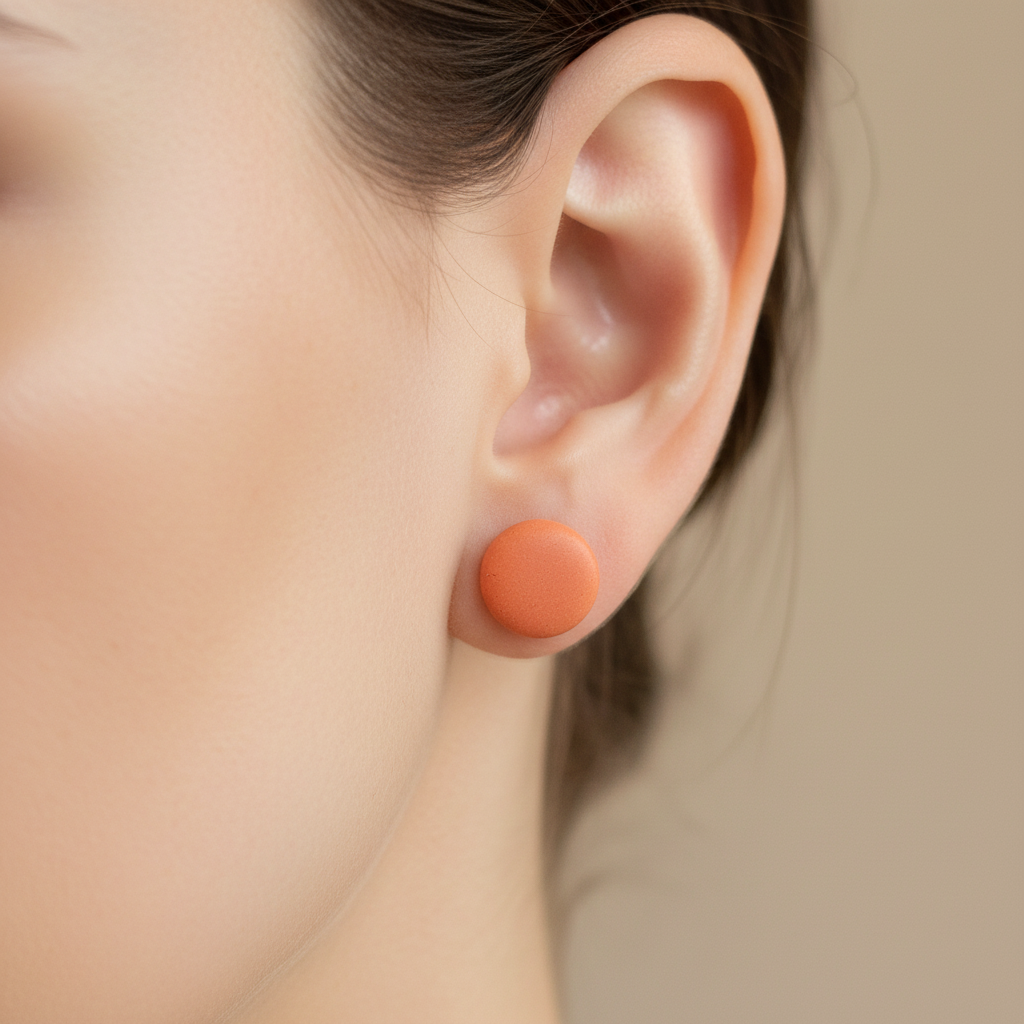 "Handmade polymer clay sunrise orange stud earrings in vibrant coral matte finish"