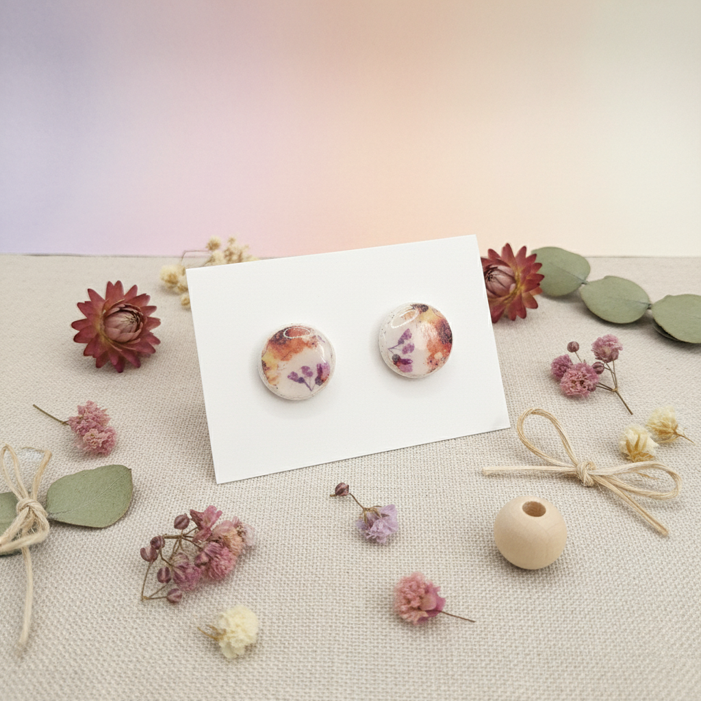 Garden Floral Studs in Sunset displayed on white card with pastel gradient background and dried flower styling