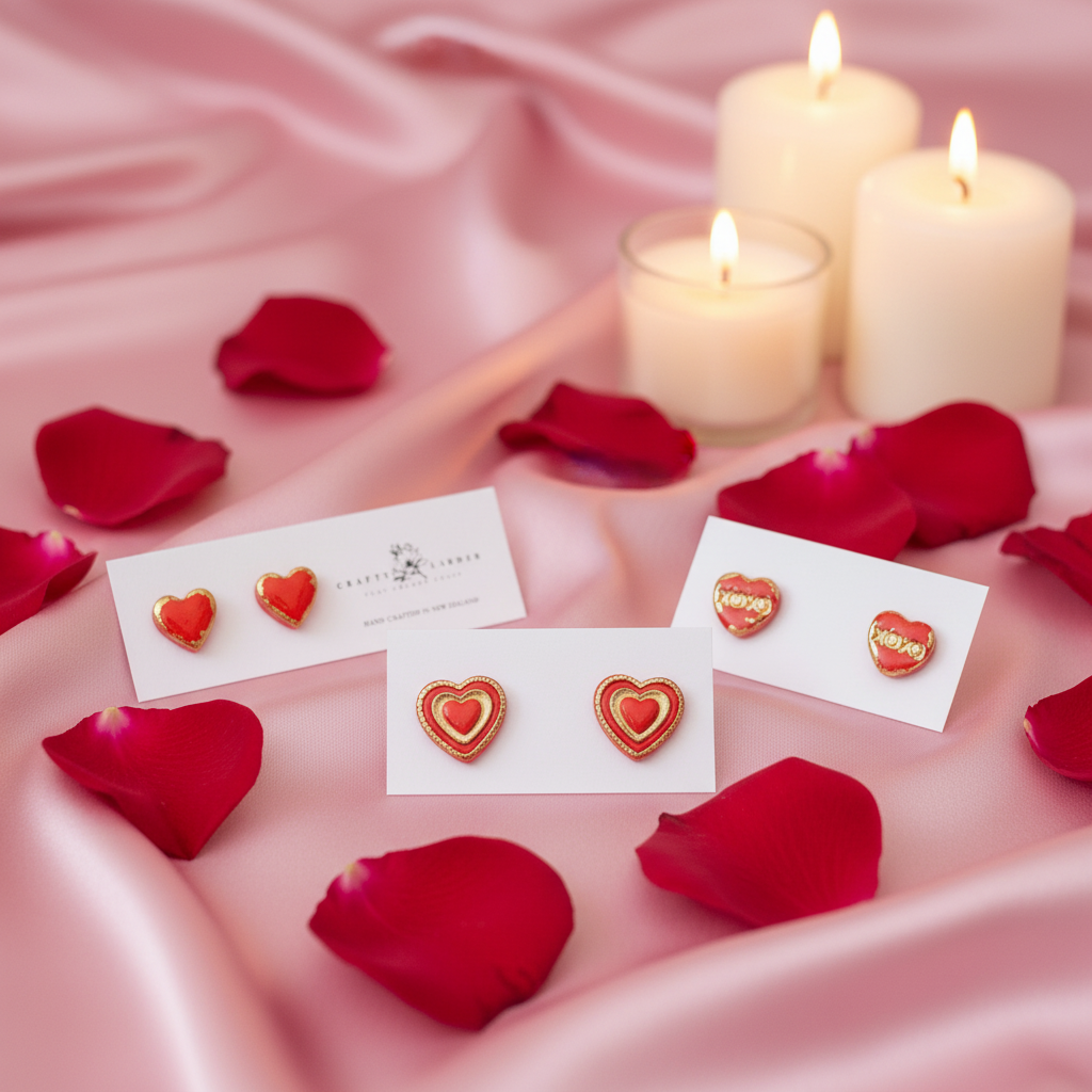 Valentine's Day heart stud earrings - three designs with romantic rose petals and candles