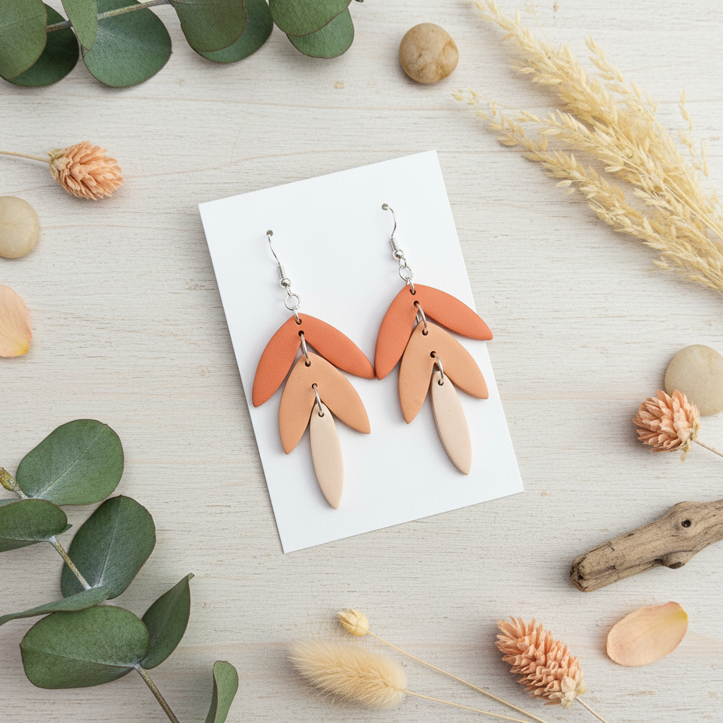 "Handmade polymer clay tri colour statement earrings with layered leaves in coral, peach, and cream gradient"
