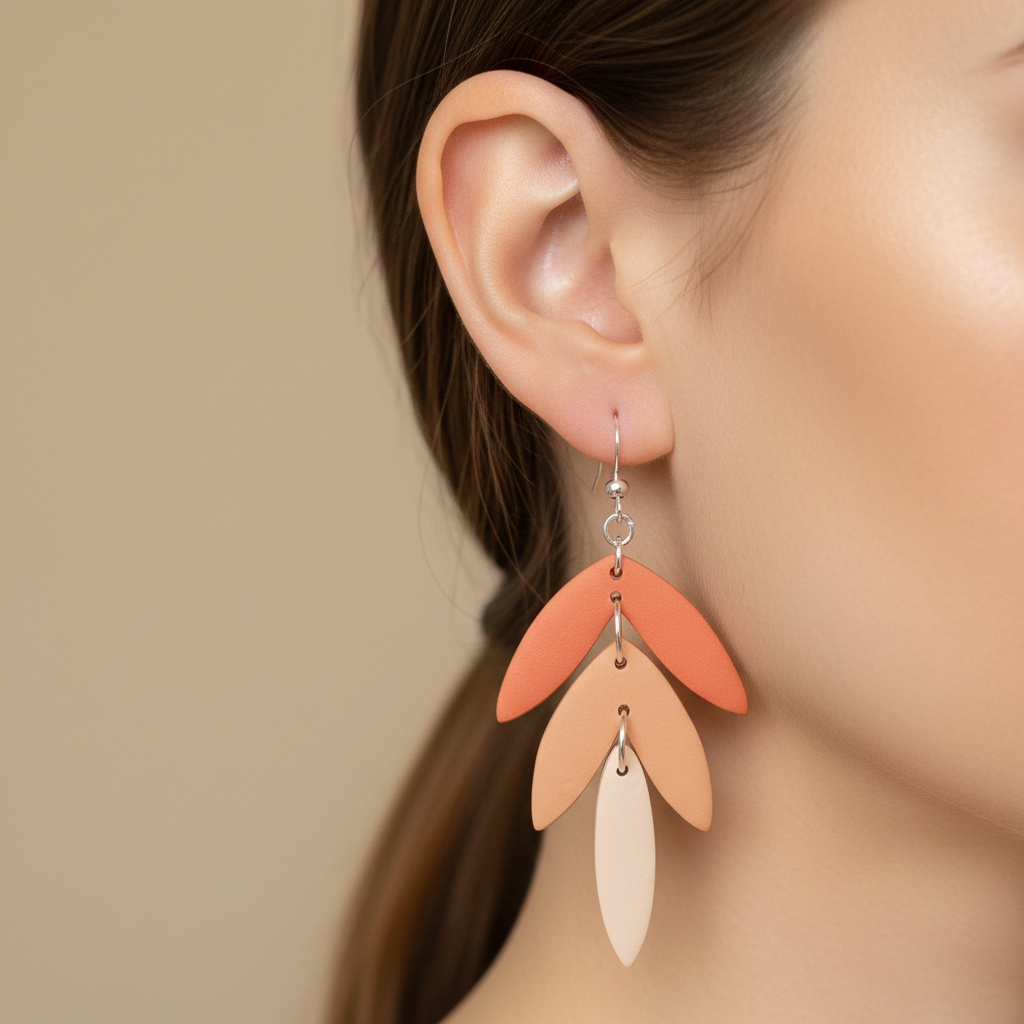 "Handmade polymer clay tri colour statement earrings with layered leaves in coral, peach, and cream gradient"