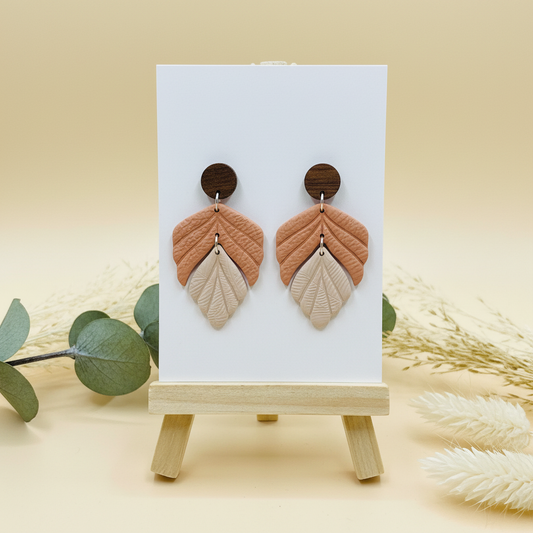  "Handmade polymer clay tri tone leaf earrings with layered walnut, terracotta, and cream leaves"