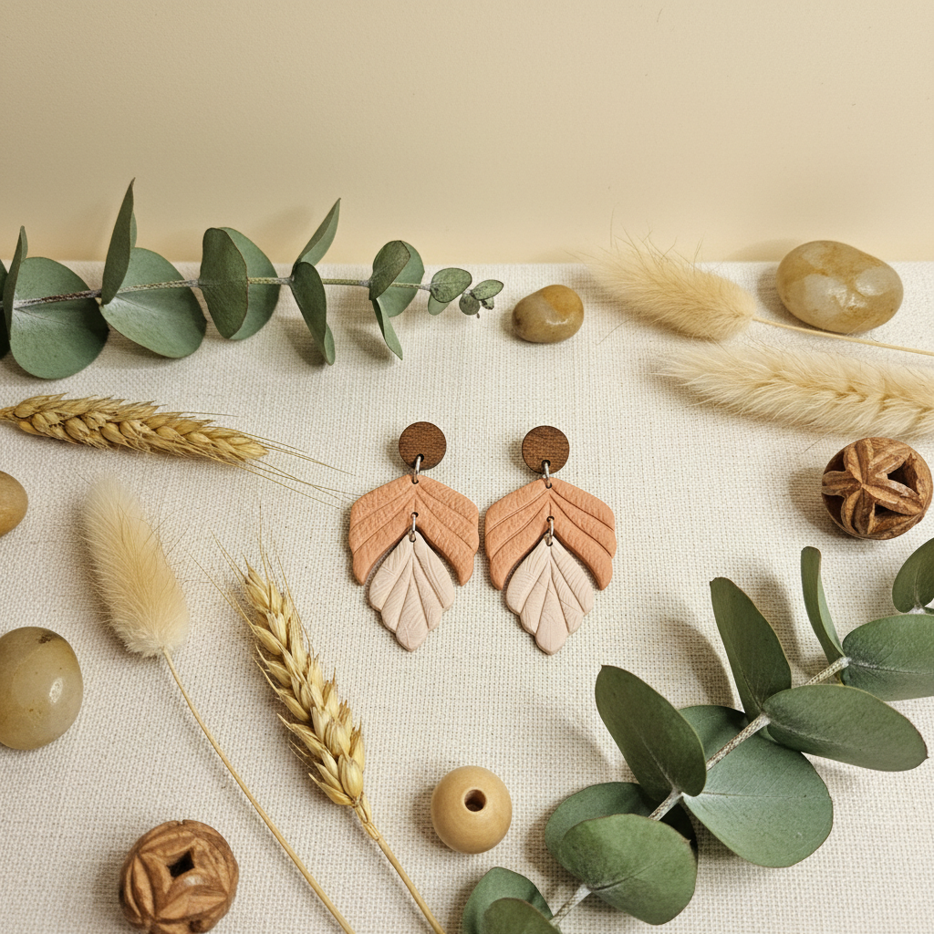  "Handmade polymer clay tri tone leaf earrings with layered walnut, terracotta, and cream leaves"