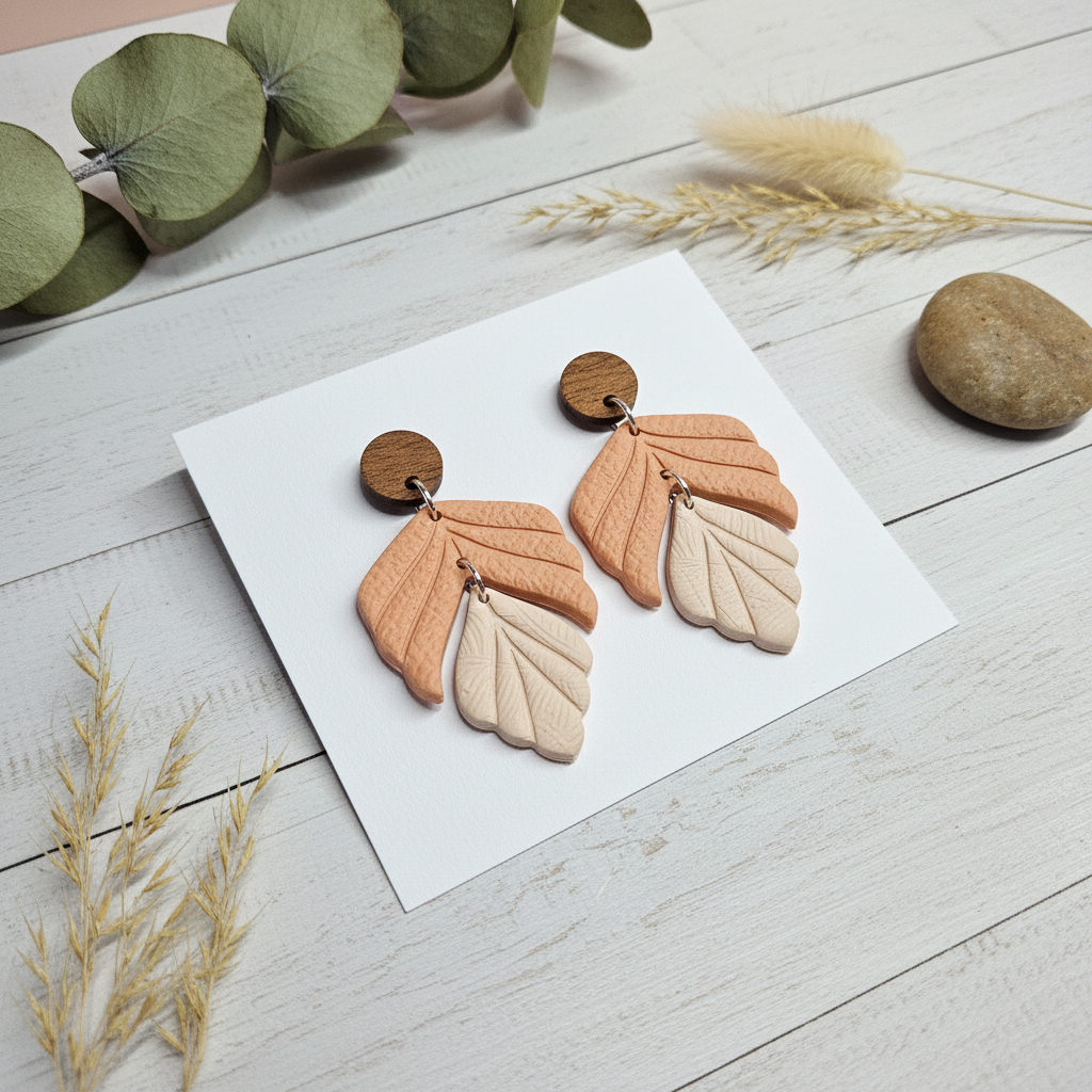  "Handmade polymer clay tri tone leaf earrings with layered walnut, terracotta, and cream leaves"