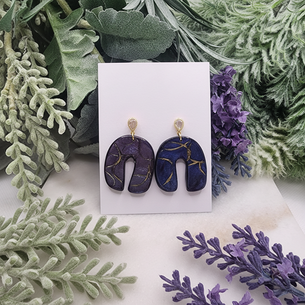 "Handmade polymer clay U-shaped arch earrings with gold textured teardrop stud posts and purple/blue mica shimmer dangles with gold marbling"