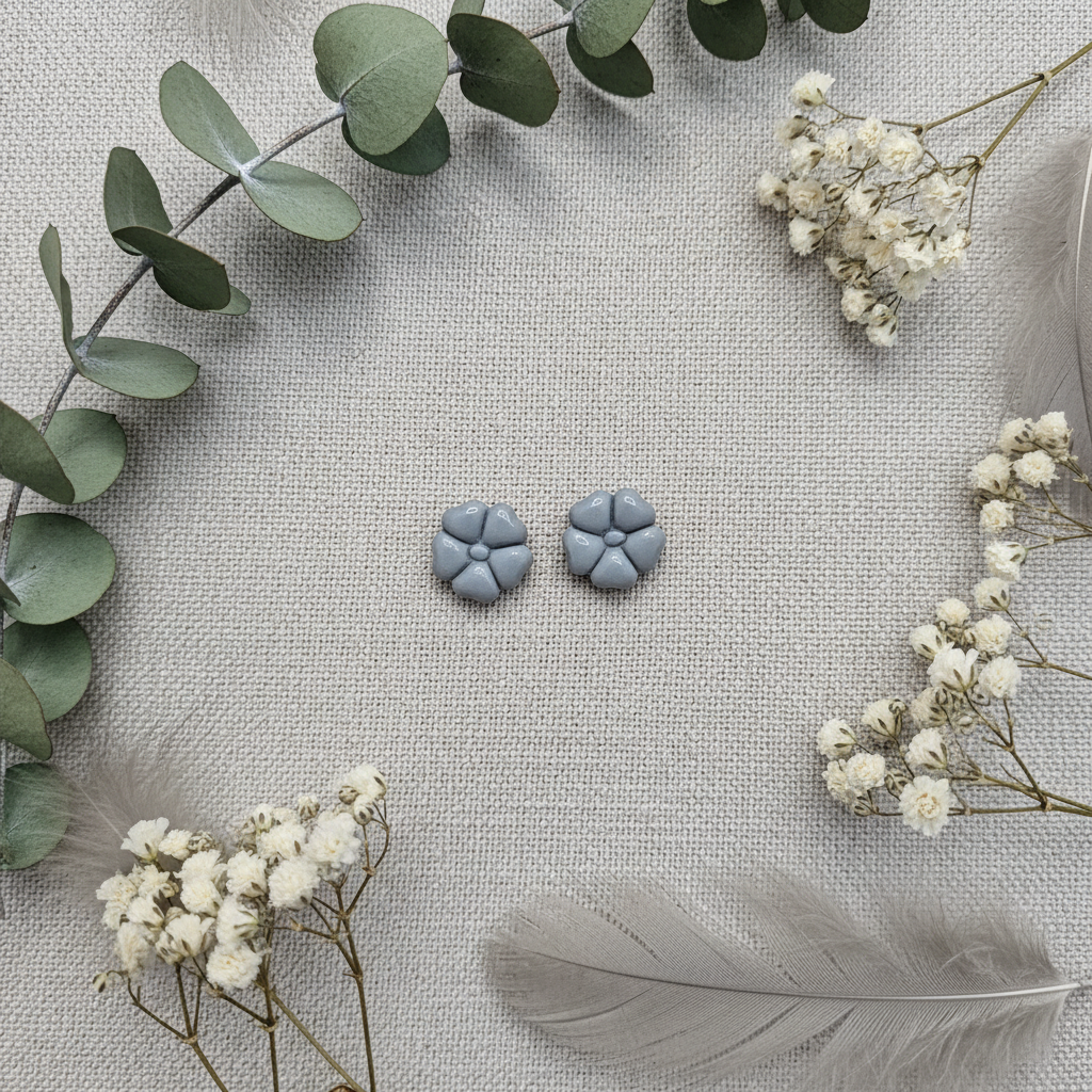 Blossom Studs in Vapor Blue flat lay with silver eucalyptus and pale dried flowers on cool linen, handmade polymer clay earrings from Crafty Larder's Harvest & Dusk Collection