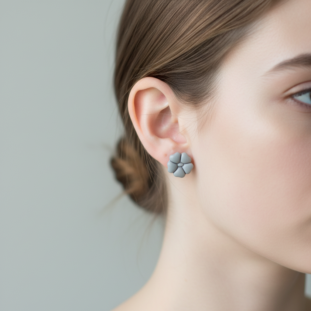 Woman wearing Blossom Studs in Vapor Blue, soft misty grey-blue polymer clay 5-petal flower studs, handcrafted in New Zealand by Crafty Larder